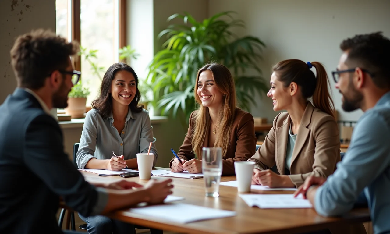 Reunião de negócios com profissionais diversos, promovendo um ambiente de trabalho seguro e respeitoso.