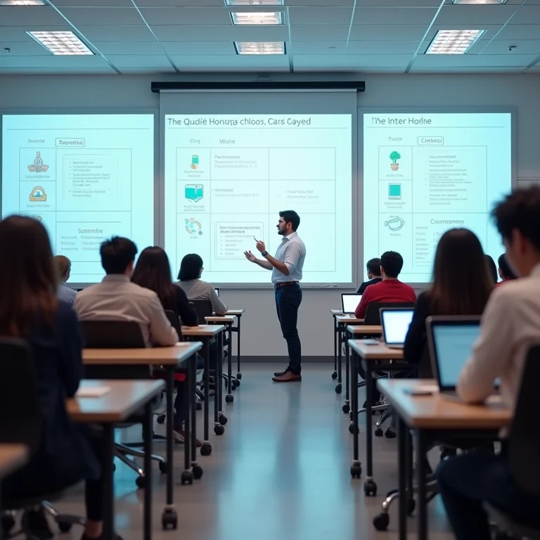 Sala de aula moderna e bem iluminada com lousas interativas e tablets.