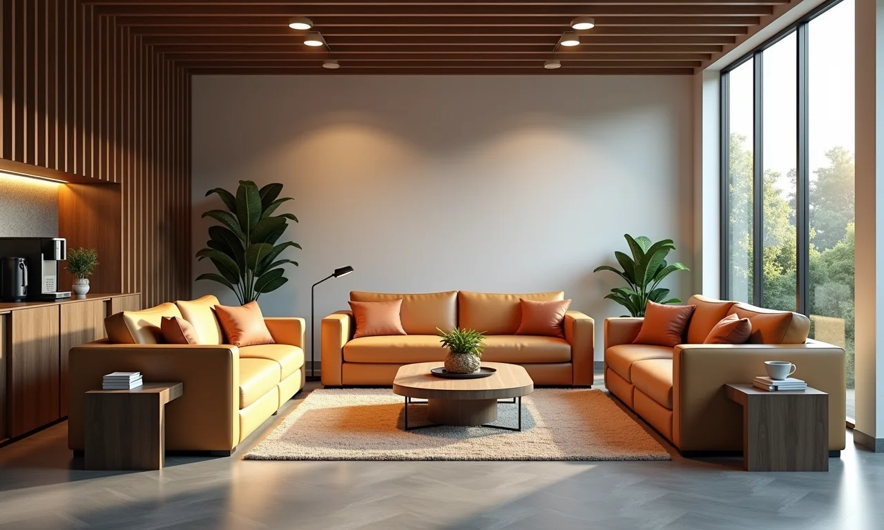 Sala de descanso em escritório com sofás confortáveis e iluminação suave.