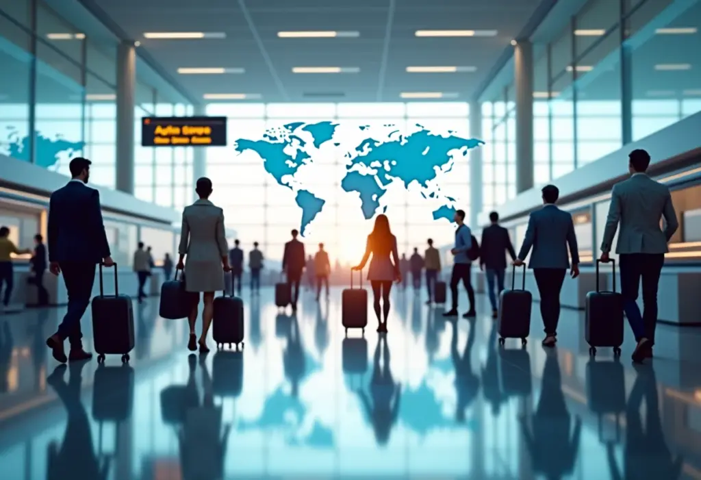 Sala de embarque movimentada em aeroporto com pessoas de diversas etnias