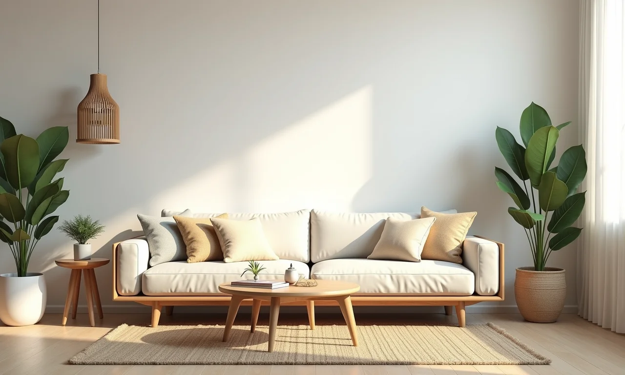 Sala de estar minimalista com decoração brasileira e plantas, transmitindo calma e serenidade.