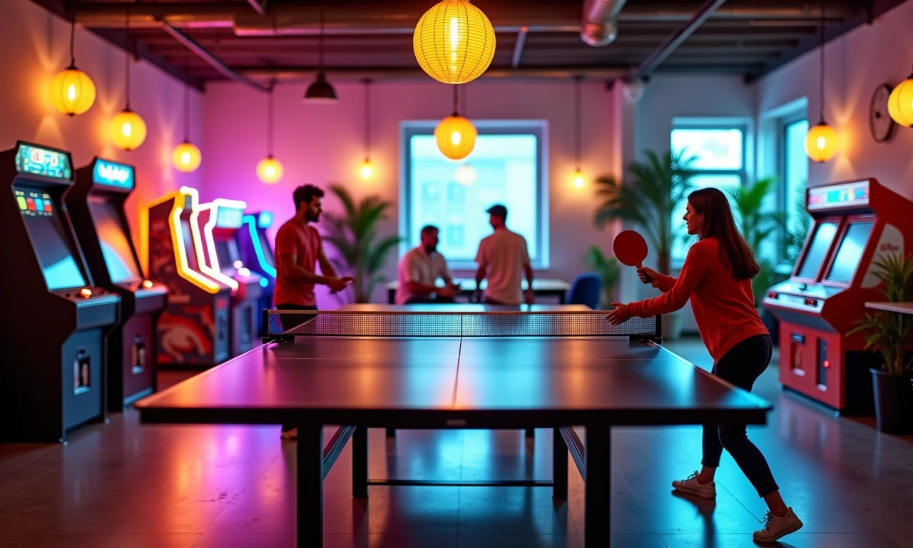 Sala de jogos em escritório com funcionários se divertindo.