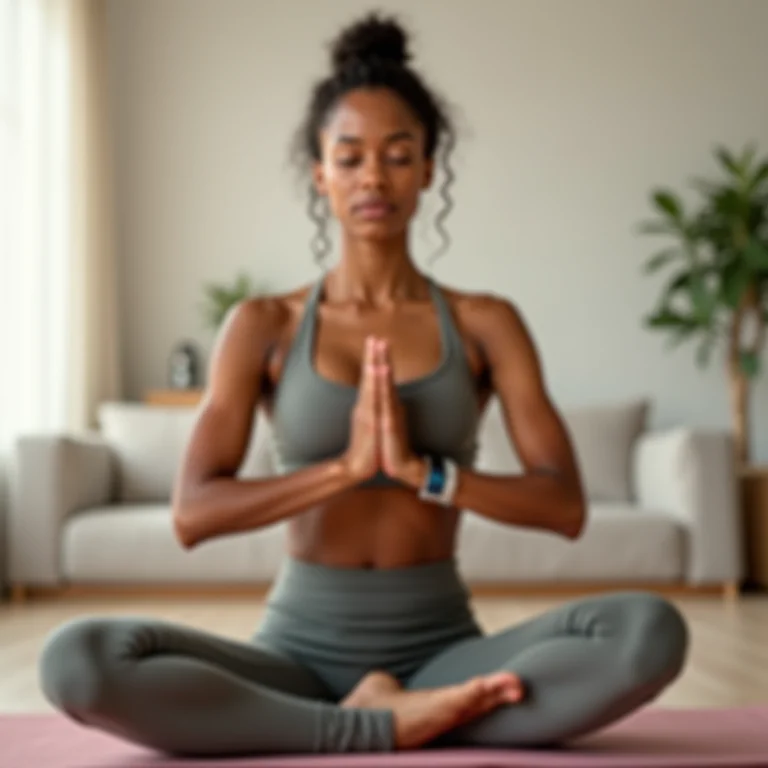 Saúde física e mental: indivíduo praticando yoga em ambiente minimalista.
