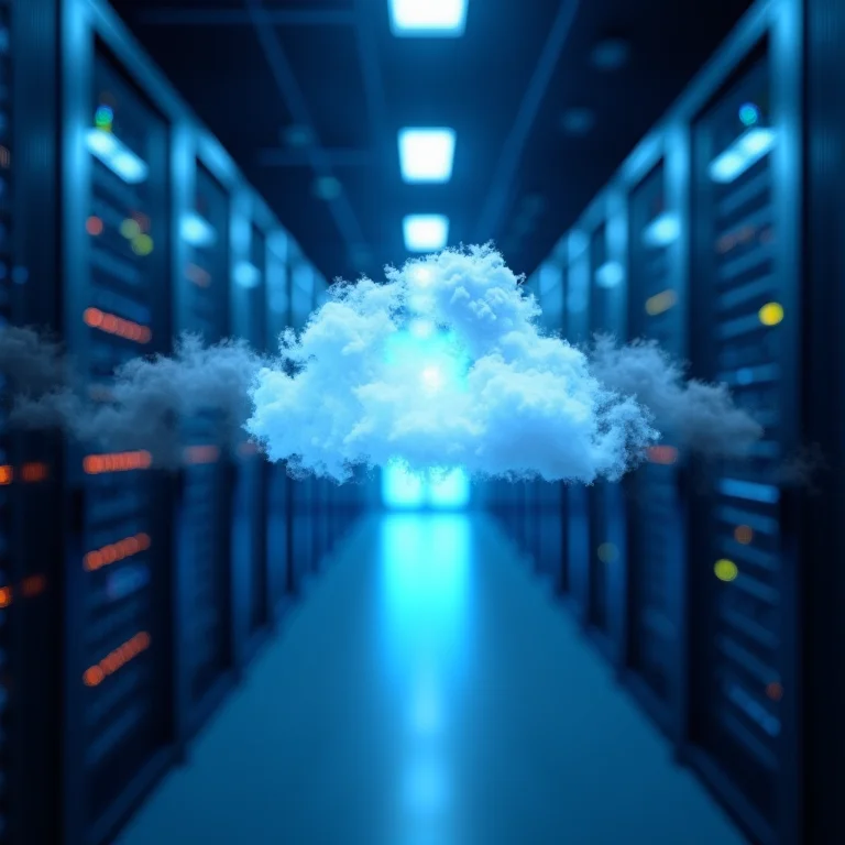 Servidores em data center com nuvens digitais, representando a migração dos bancos para a nuvem