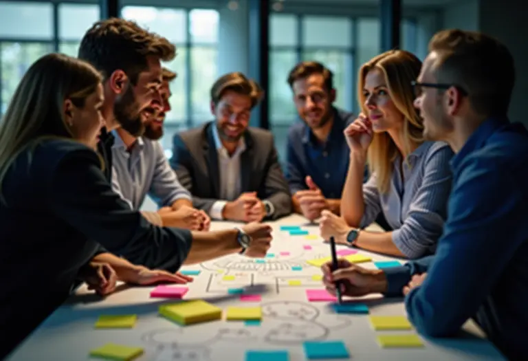 Sessão de brainstorming com equipe diversa usando o método TRIZ.