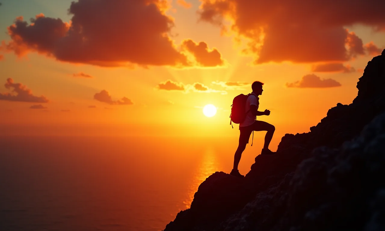 Silhueta de empreendedor determinado escalando montanha ao pôr do sol brasileiro.