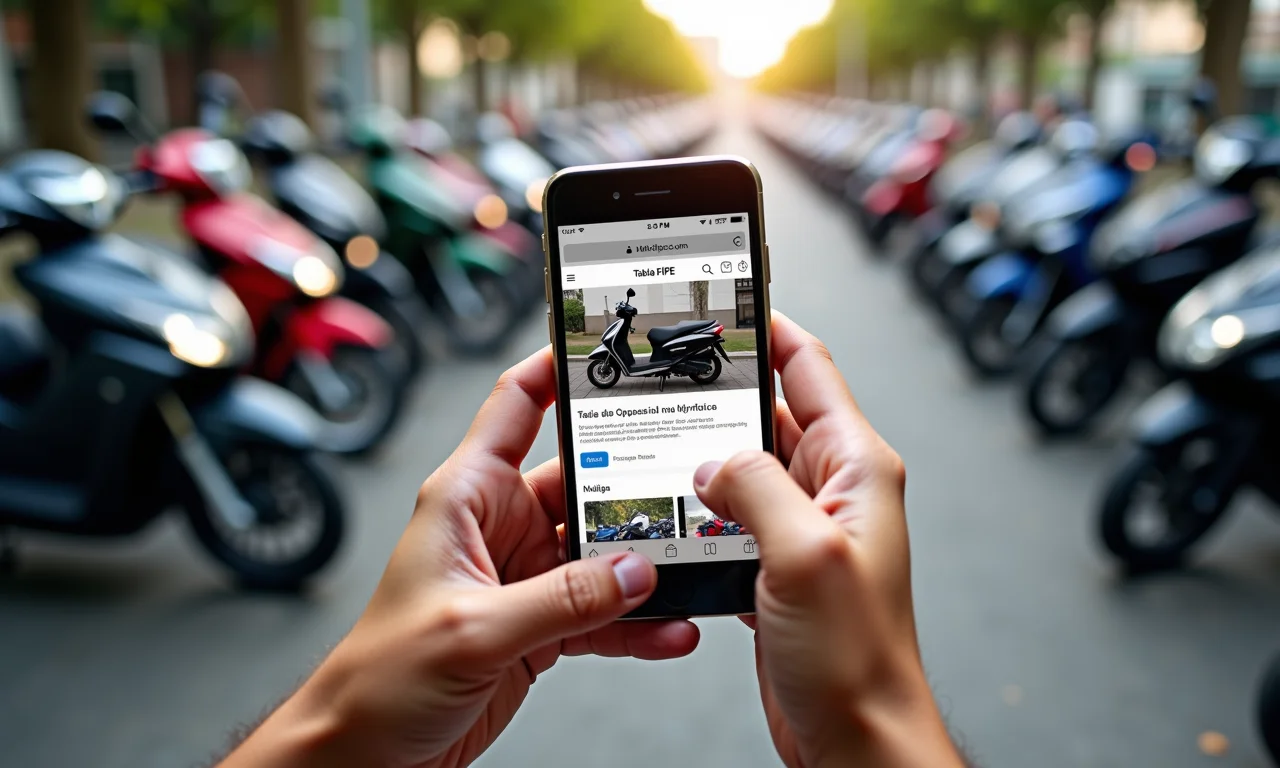 Smartphone exibindo a Tabela FIPE para motos com motocicletas ao fundo.