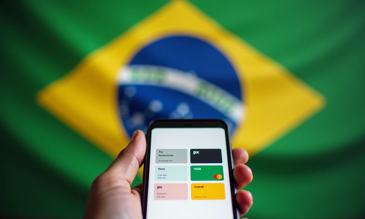 Smartphone exibindo diversas formas de pagamento populares no Brasil.