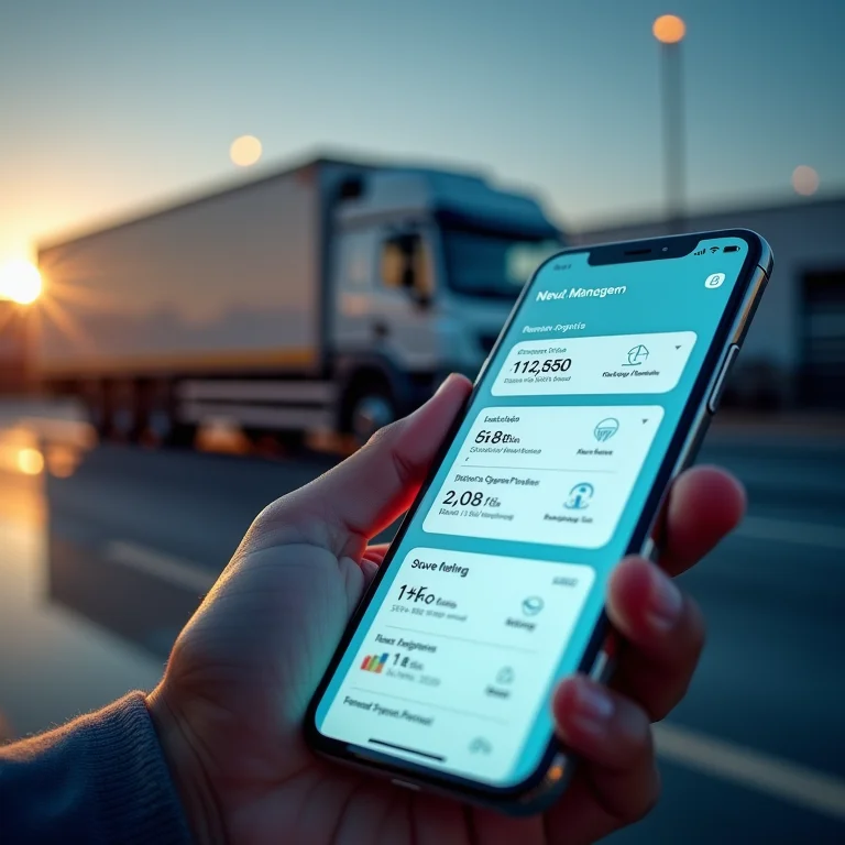 Smartphone mostrando aplicativo de gerenciamento de logística, com caminhão de entrega ao fundo.