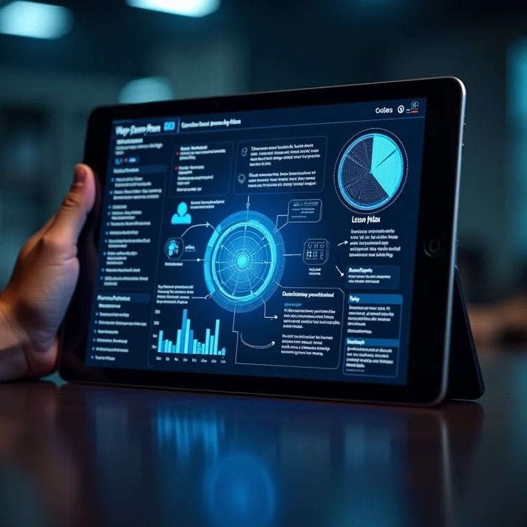 Tablet mostrando um plano de aula interativo com elementos de programação e arte digital.