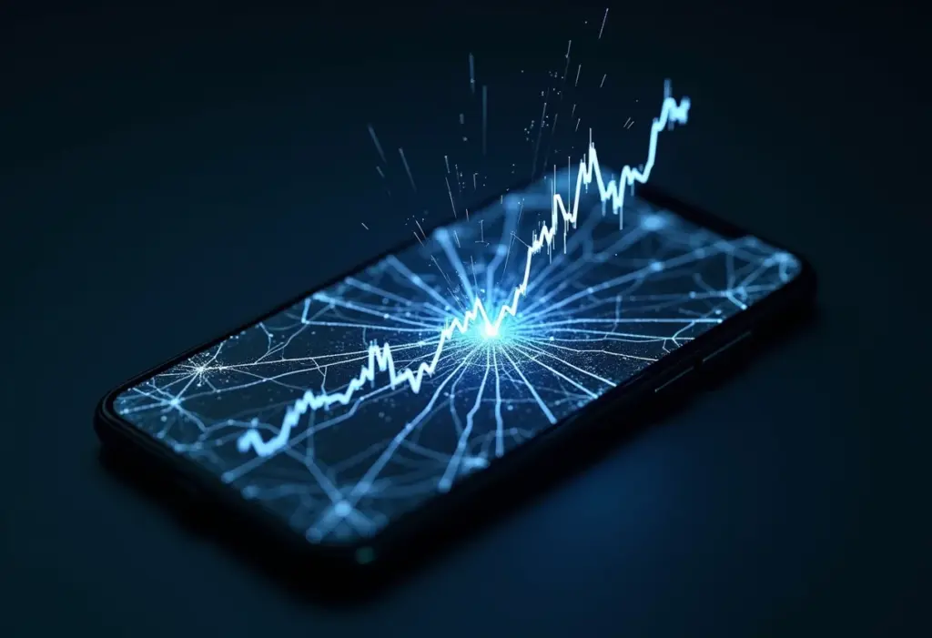 “Me Poupe”: O golpe financeiro silencioso que você precisa evitar Tela de celular rachada mostrando gráfico de ações em queda, representando perda financeira.