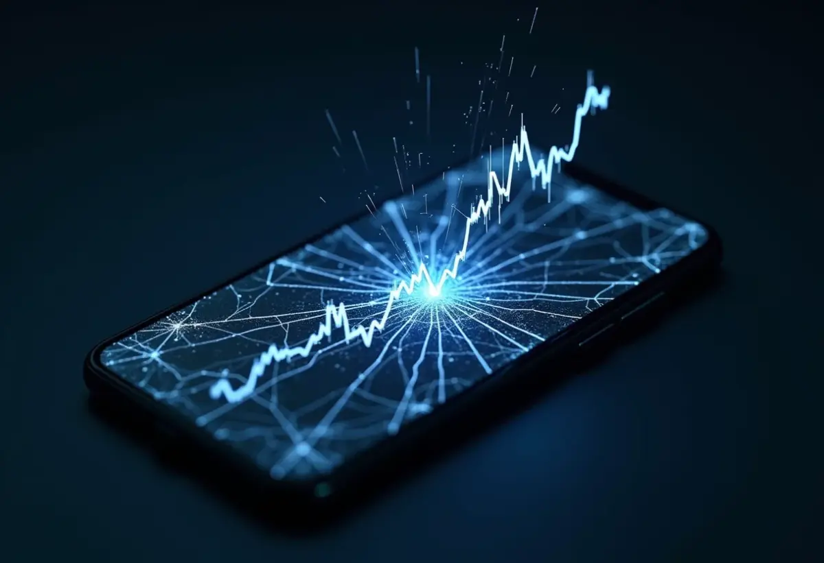 “Me Poupe”: O golpe financeiro silencioso que você precisa evitar Tela de celular rachada mostrando gráfico de ações em queda, representando perda financeira.