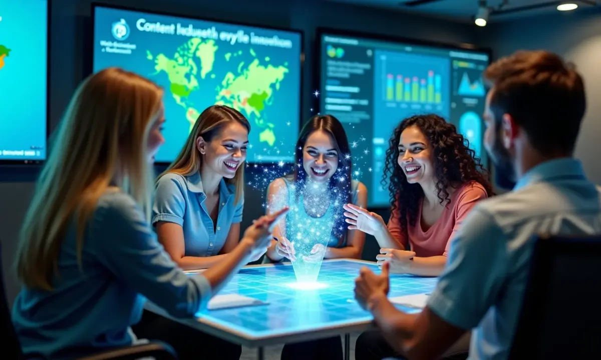 Tela digital mostrando Inovação em Marketing de Conteúdo com elementos brasileiros vibrantes.