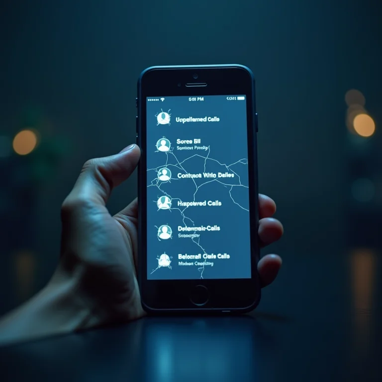 Telefone com lista de contatos quebrada e chamadas não atendidas.