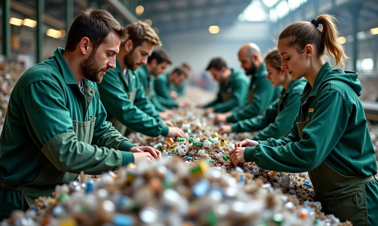 Trabalhadores em uma usina de reciclagem separando materiais com o selo Eu Reciclo.