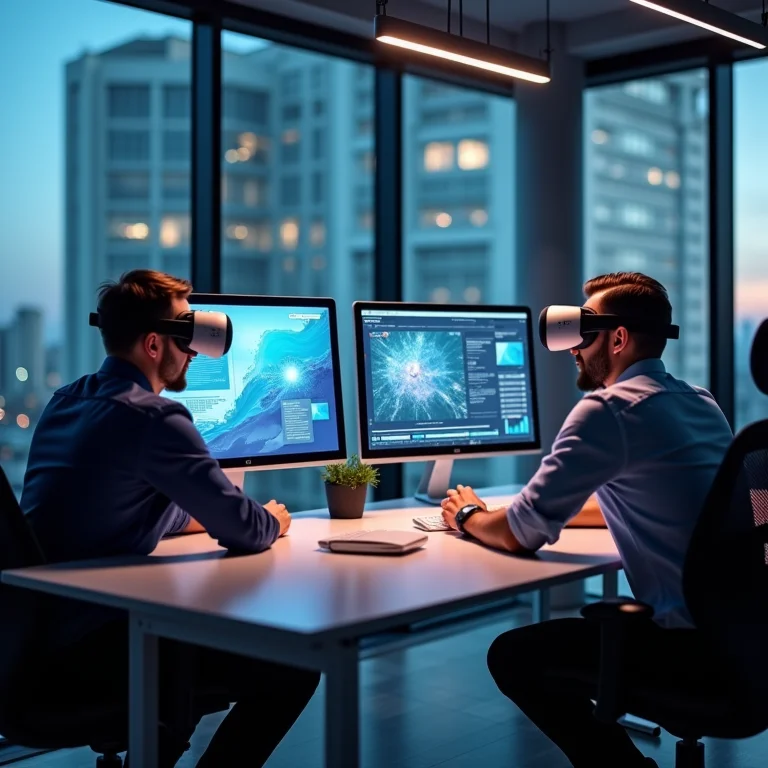 Trabalhadores remotos colaborando em escritório virtual utilizando headsets de realidade mista.