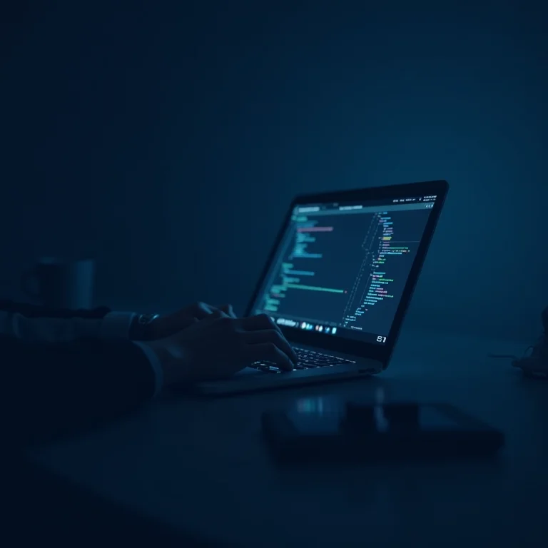 Um desenvolvedor codificando em um laptop, com ferramentas e frameworks de desenvolvimento visíveis, representando o ambiente PaaS.