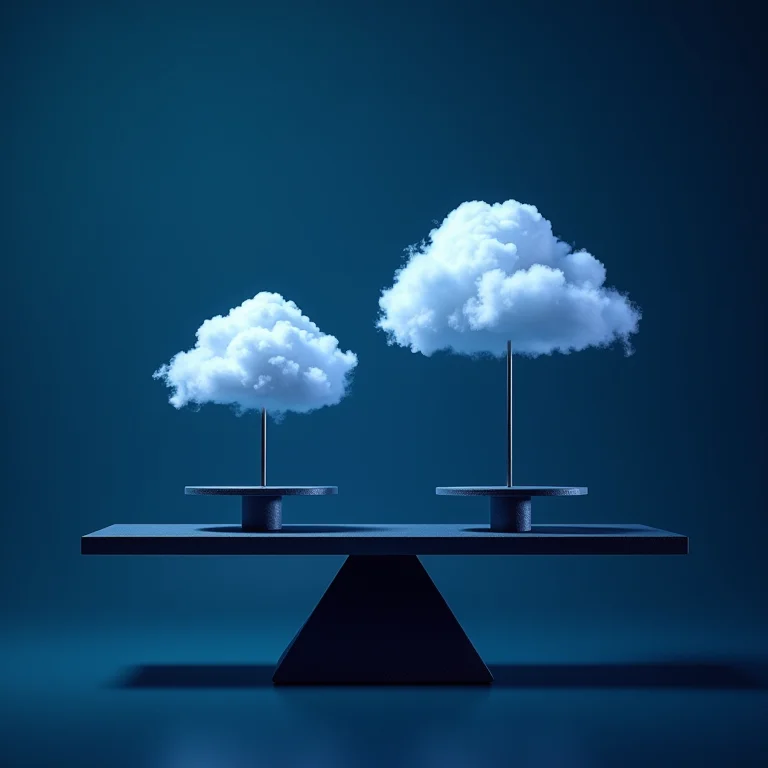 Uma balança digital equilibrando diferentes modelos de serviço em nuvem, representando o custo-benefício.