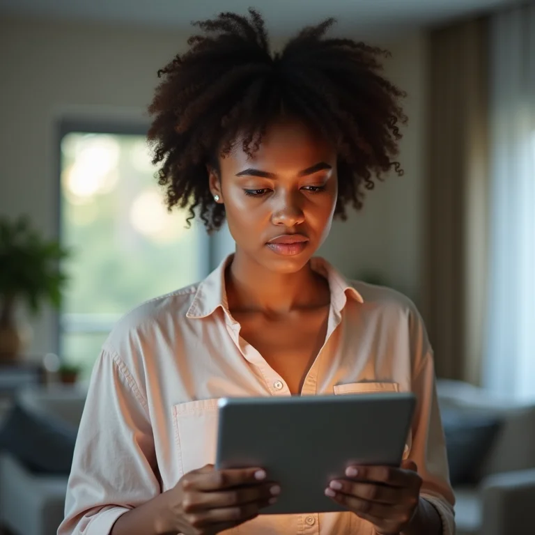Usuária confusa com anúncios online genéricos em um tablet