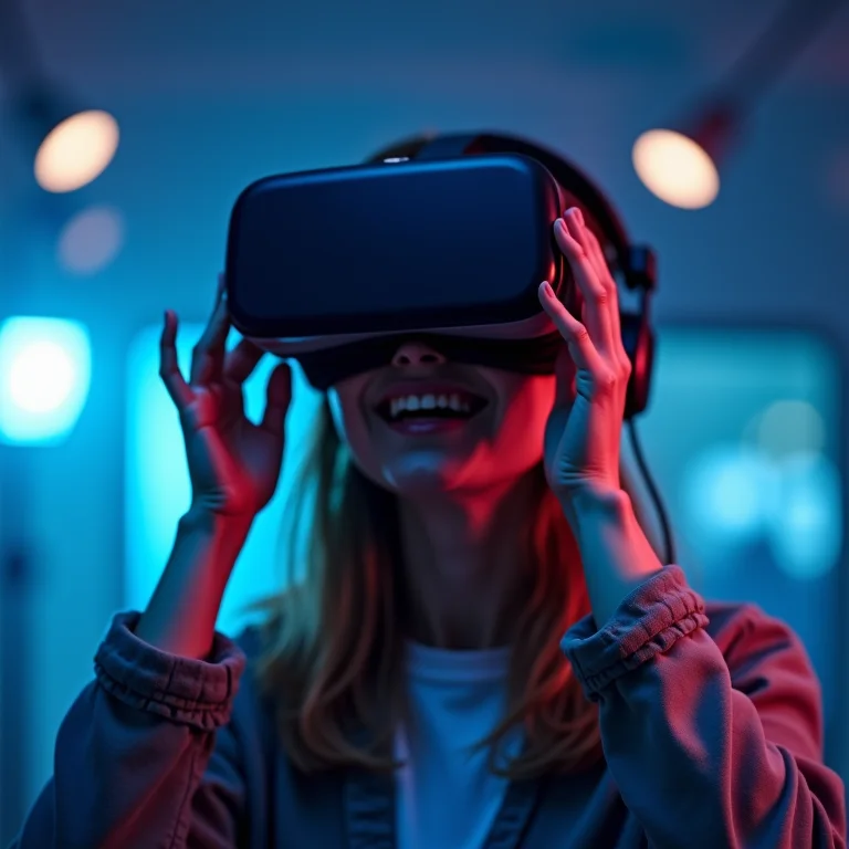 Usuário de VR headset imerso em um ambiente de jogo realista.
