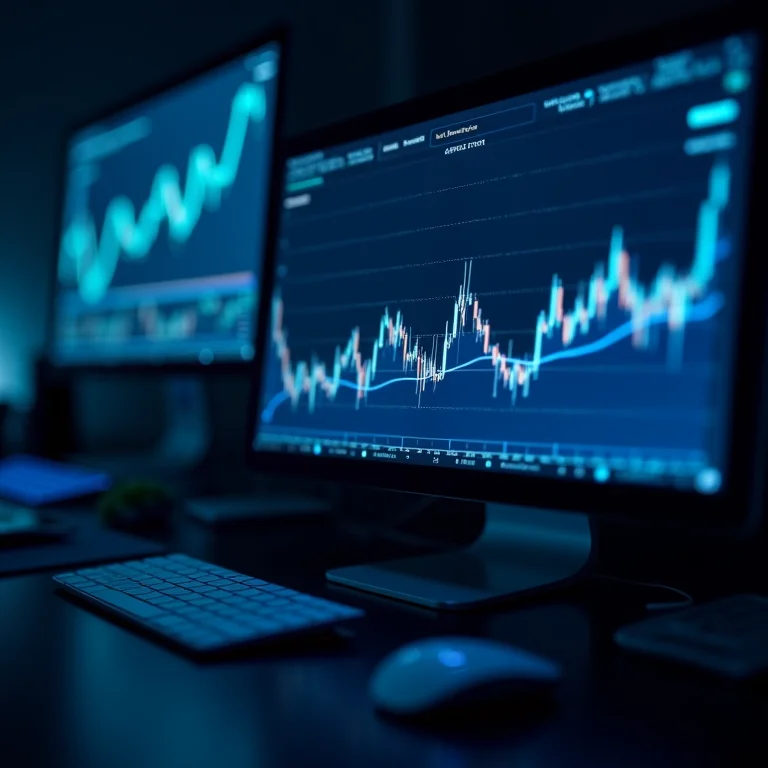 Vários monitores exibindo notícias econômicas e gráficos de câmbio