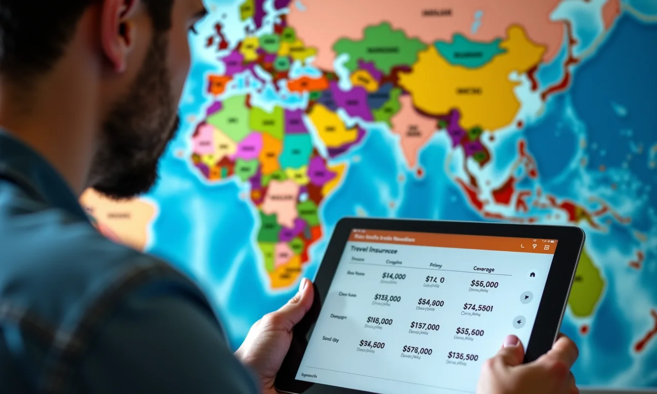 Viajante analisando apólices de seguro viagem online com mapa múndi ao fundo.
