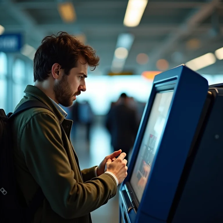 Viajante estressado tentando trocar moeda em um aeroporto.
