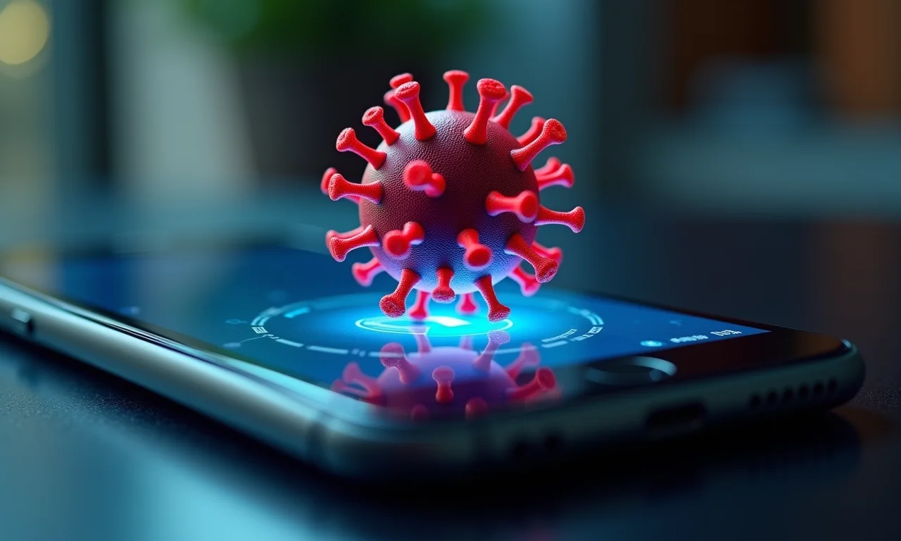Vírus digital (malware) infectando aplicativos financeiros em um smartphone.