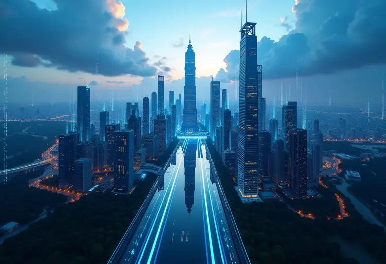 Visão aérea de uma cidade futurista com dados financeiros sobrepostos, representando o conceito de robô-advisor.