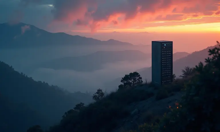 Visão aérea do Vale do Silício com um servidor antigo em foco, representando o declínio do Yahoo.