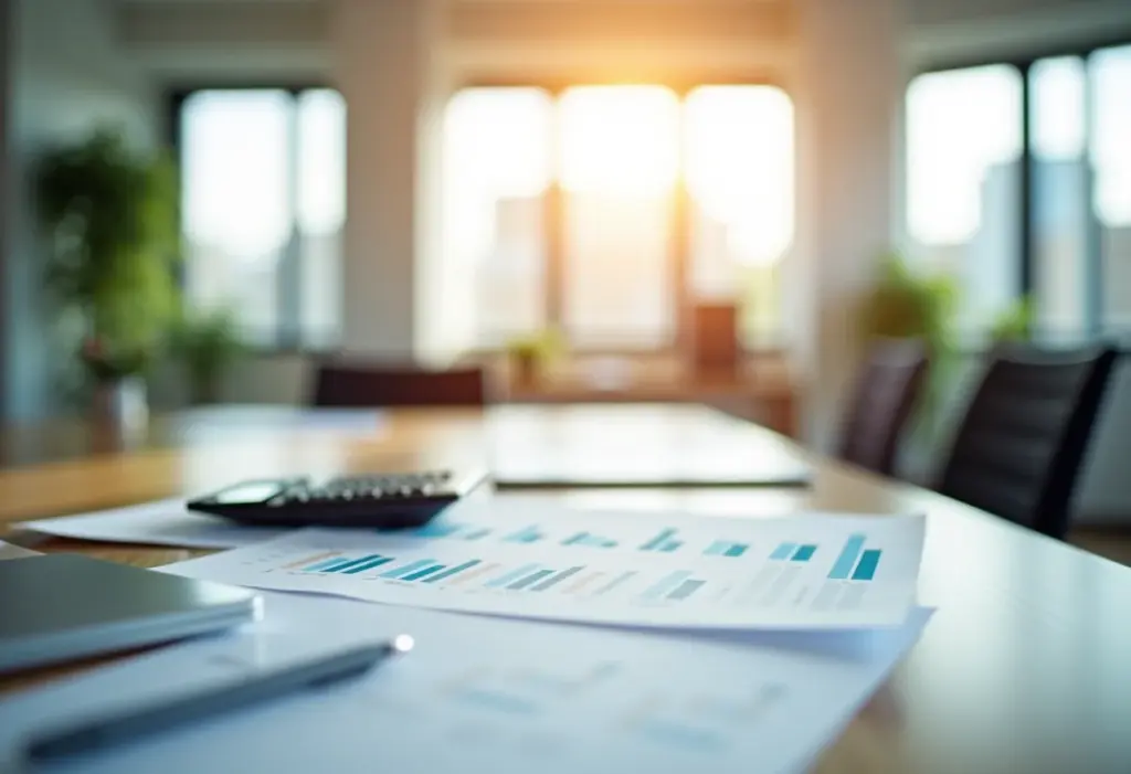 Visão ampla de um escritório moderno com documentos financeiros, representando planejamento financeiro e gestão de herança.