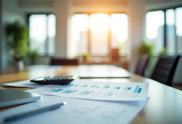 Herança no IR: O Guia Definitivo para Declarar sem Erro Visão ampla de um escritório moderno com documentos financeiros, representando planejamento financeiro e gestão de herança.