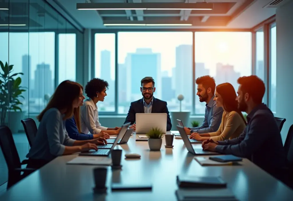 Visão ampla de um escritório moderno com pessoas trabalhando em equipe, representando o ambiente empresarial.