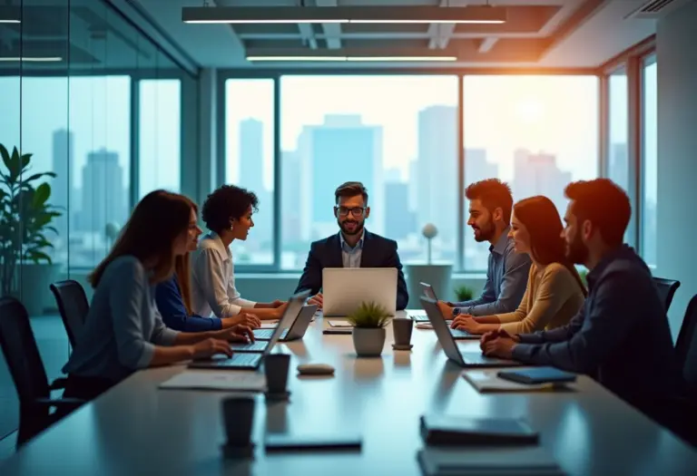 Visão ampla de um escritório moderno com pessoas trabalhando em equipe, representando o ambiente empresarial.