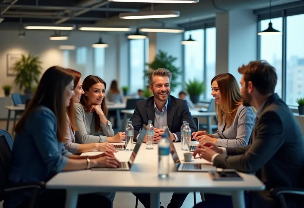 Visão ampla de um espaço de coworking vibrante com pessoas diversas colaborando.