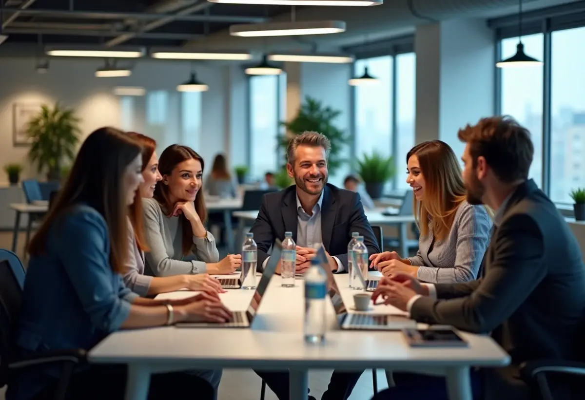 Inovação Compartilhada: Como a economia transforma o futuro? Visão ampla de um espaço de coworking vibrante com pessoas diversas colaborando.