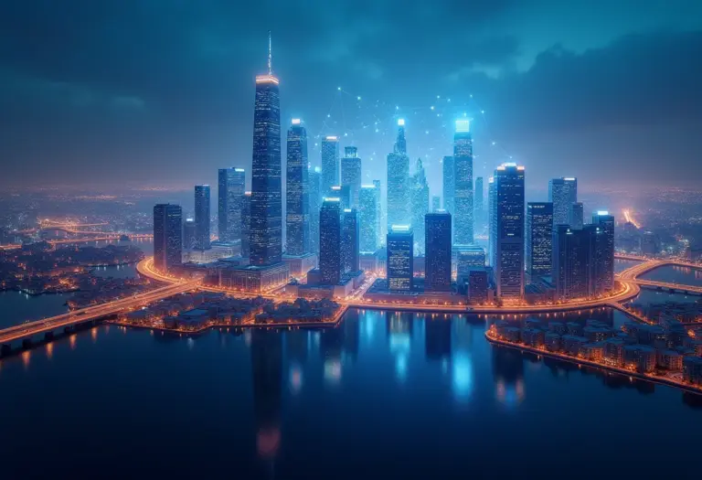 Visão ampla de uma cidade futurista com redes neurais brilhantes conectando arranha-céus.