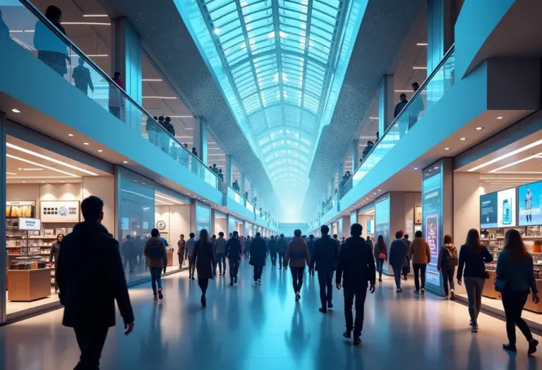 Visão futurista de uma rua de varejo com lojas físicas e tecnologias digitais.