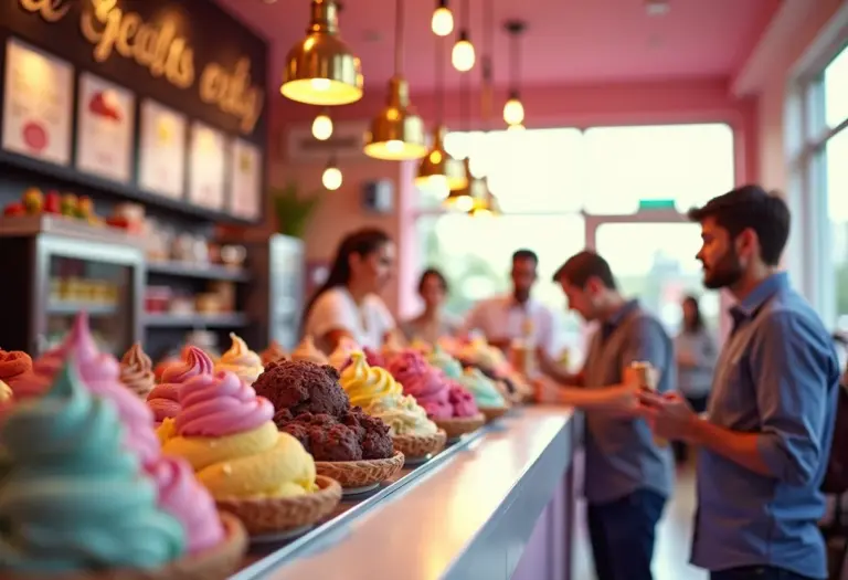 Sorveteria de sucesso: guia para montar e criar sabores únicos Visão geral de uma sorveteria movimentada com diversas opções de sabores.