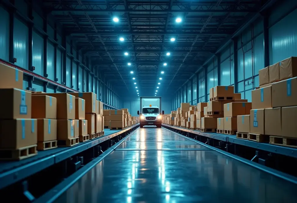 Visão noturna de um armazém de e-commerce movimentado com pacotes e veículos de entrega.