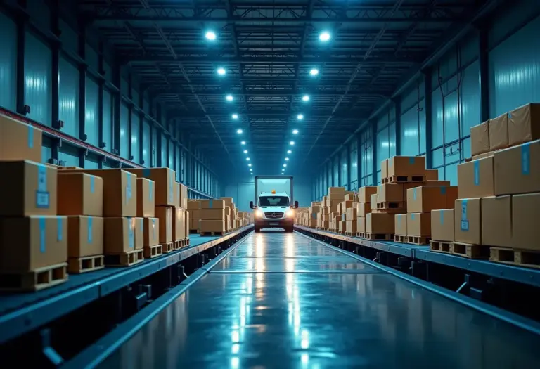 Visão noturna de um armazém de e-commerce movimentado com pacotes e veículos de entrega.