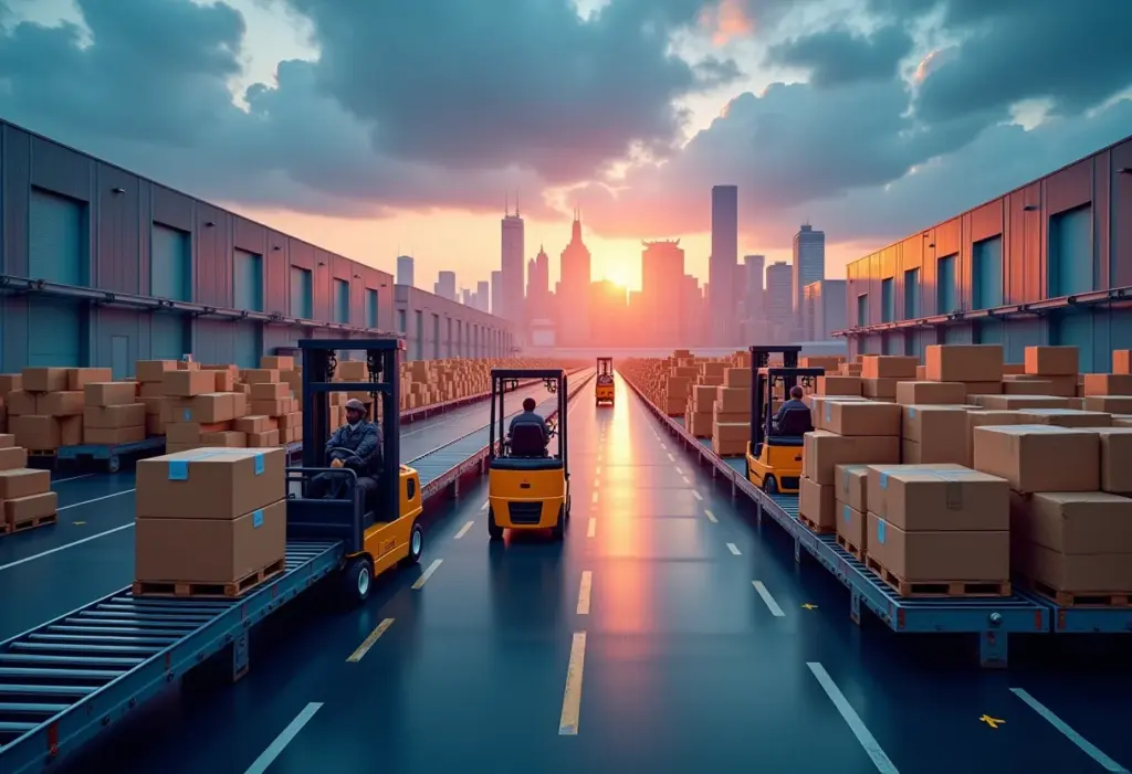 Visão panorâmica de um centro de distribuição de e-commerce em plena atividade.