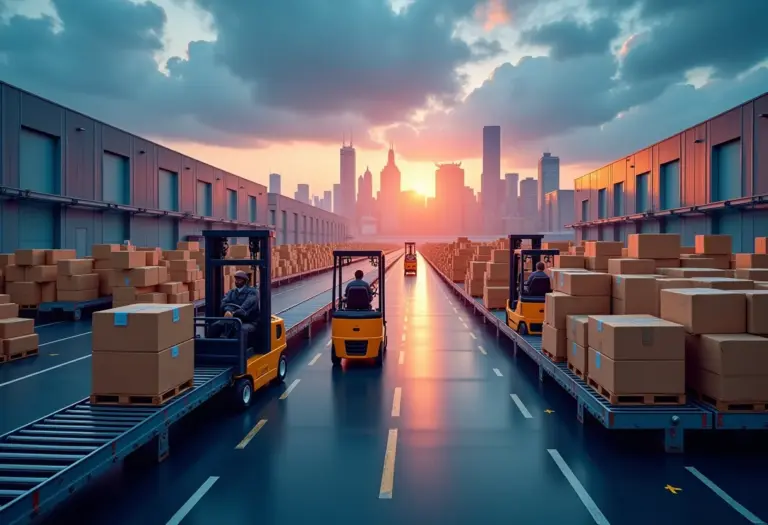 Visão panorâmica de um centro de distribuição de e-commerce em plena atividade.