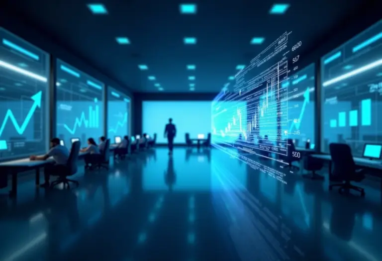 Visão panorâmica de um escritório futurista com displays holográficos mostrando crescimento de negócios.