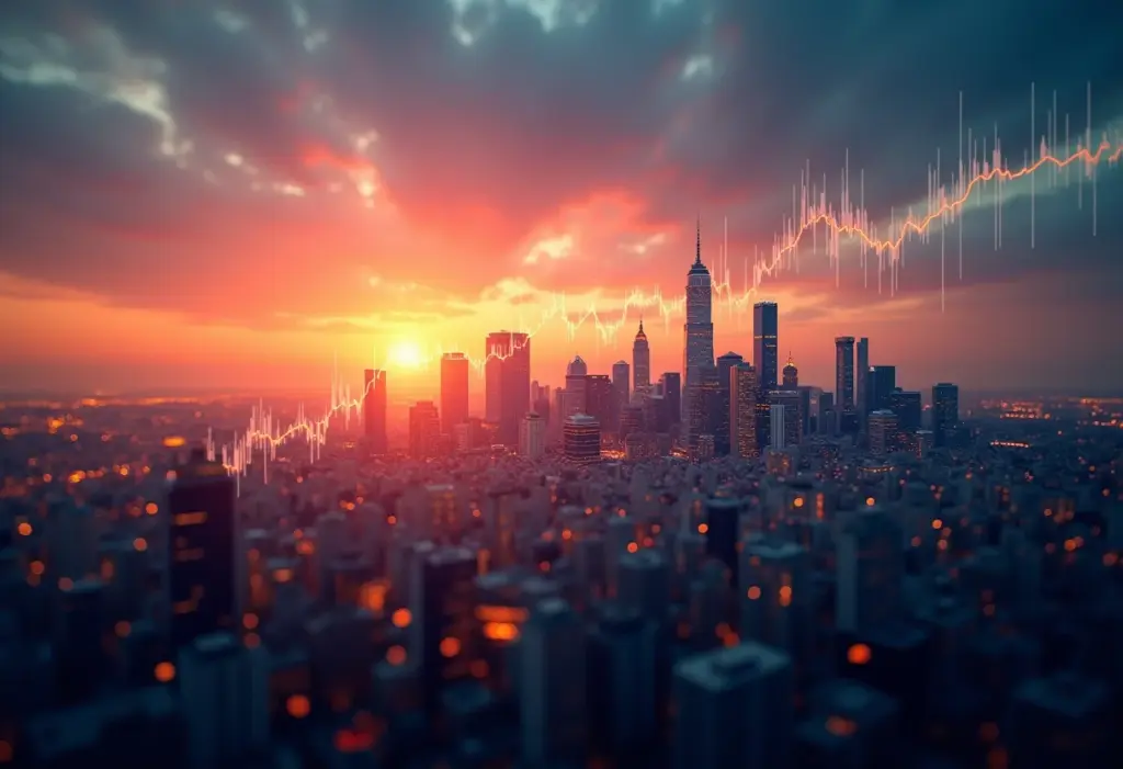 Visão panorâmica de uma cidade ao pôr do sol com gráficos financeiros sobrepostos, representando a estratégia de investimento de longo prazo.