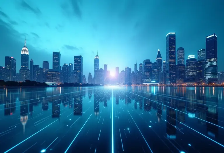 Visão panorâmica de uma cidade futurista com dados financeiros sobrepostos, representando o conceito de robô-advisor.