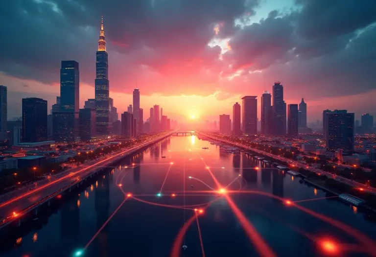 Visão panorâmica de uma cidade futurista com dados financeiros interconectados representando robôs-advisor.