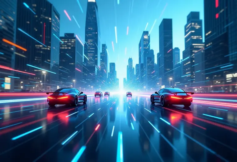 Inovação e Tecnologia: O futuro (e o presente) que você precisa conhecer Visão panorâmica de uma cidade futurista com redes digitais interconectadas.