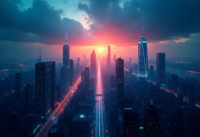 Inovação e tecnologia: o futuro está mais perto do que você imagina Visão panorâmica de uma cidade futurista com redes digitais interconectadas.