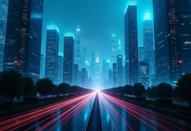 Processamento de Linguagem Natural: A inovação que vai te surpreender Visão panorâmica de uma cidade futurista com redes neurais e fluxos de dados representando a PLN e a IA.